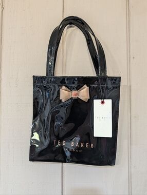 Ted Baker Icon Black Patent Mini Tote with Metallic Bow